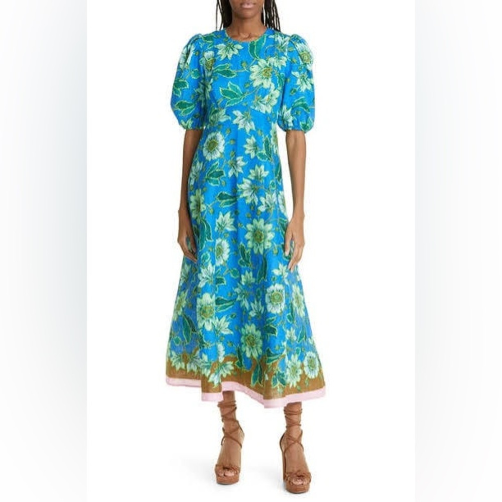 Alemais Winnie Blue Floral Print Linen Dress, size 2.